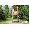 Spielturm aus Holz mit Sandkasten und Leiter.