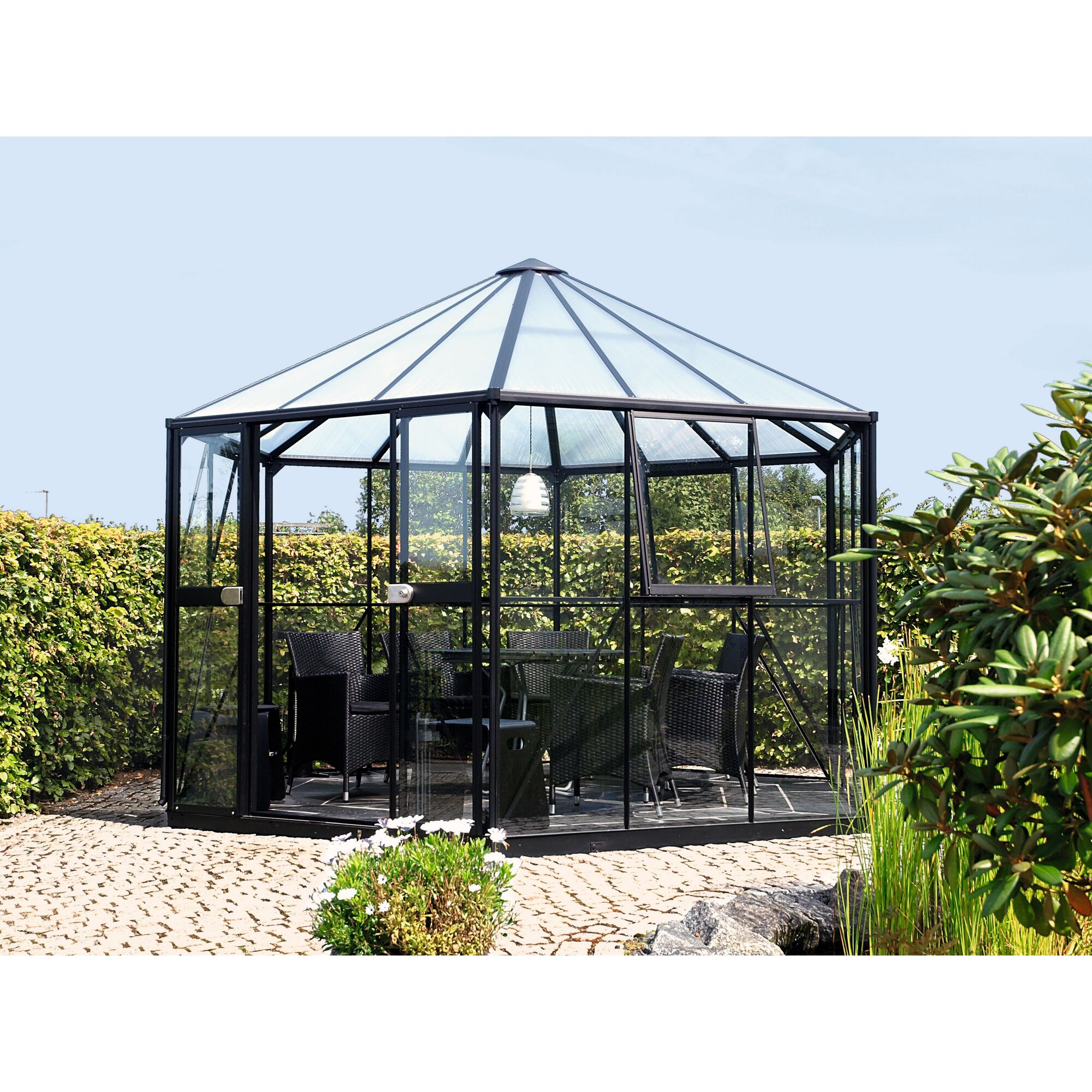 Pavillon Hera 9000 schwarz mit Sitzgruppe