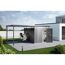 Gerätehaus 'HighLine H5' dunkelgrau mit Doppeltür und Werkzeugen.
