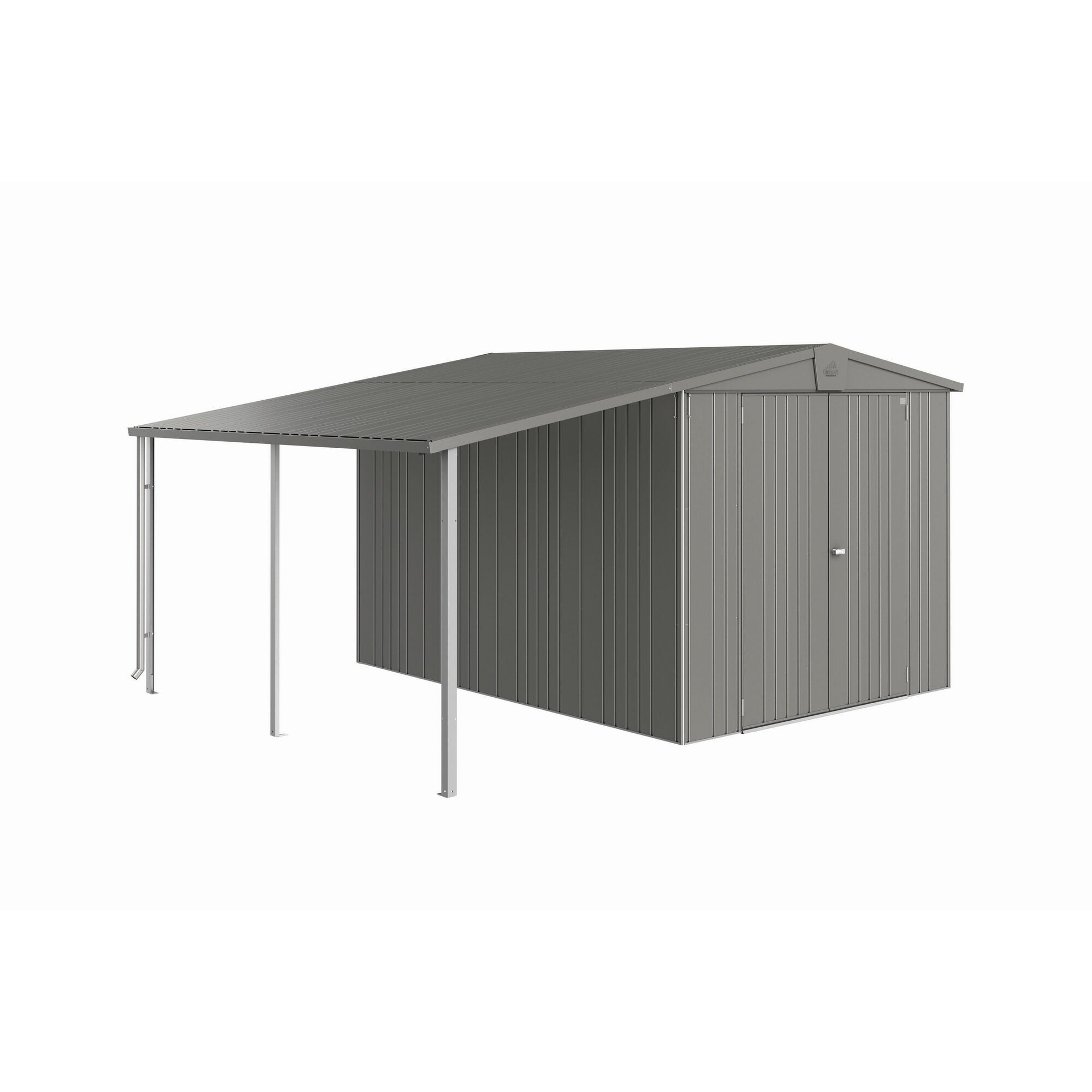 Gerätehaus Metall grau mit Anbaudach