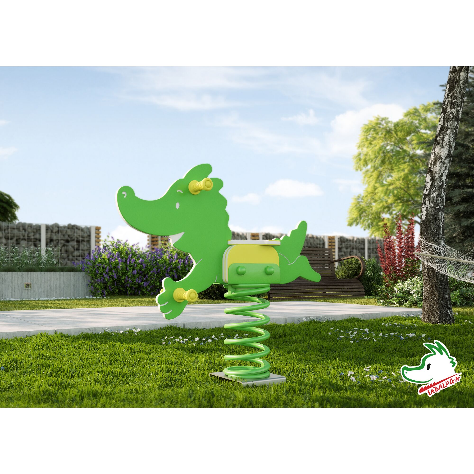 Grünes Tabaluga Federtier auf einer grünen Spiralfeder.