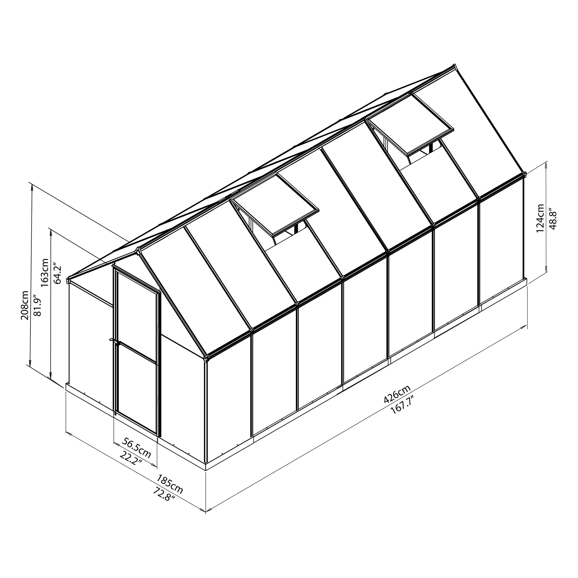 Gewächshaus Mythos 6x14 mit Maßen