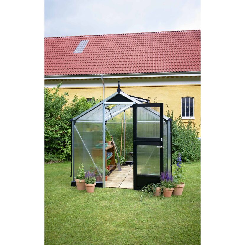 Gewächshaus 'Compact' 224 x 296 cm mit 10 mm Doppelstegplatten aluminiumfarben/schwarz