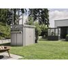 Gerätehaus 'HighLine 2' quarzgrau metallic mit Doppeltür im Garten.