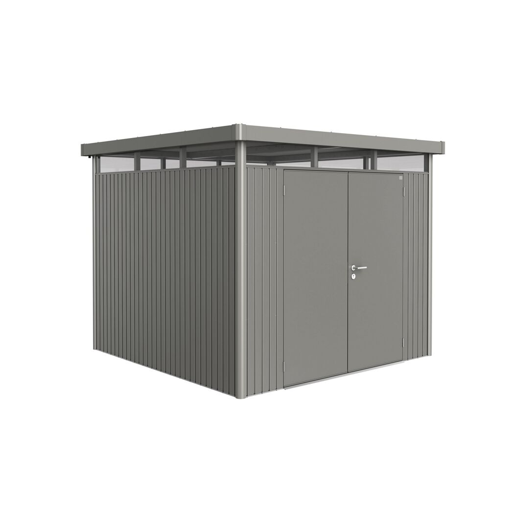 Gerätehaus 'HighLine 4' in Quarzgrau metallic mit Doppeltür.