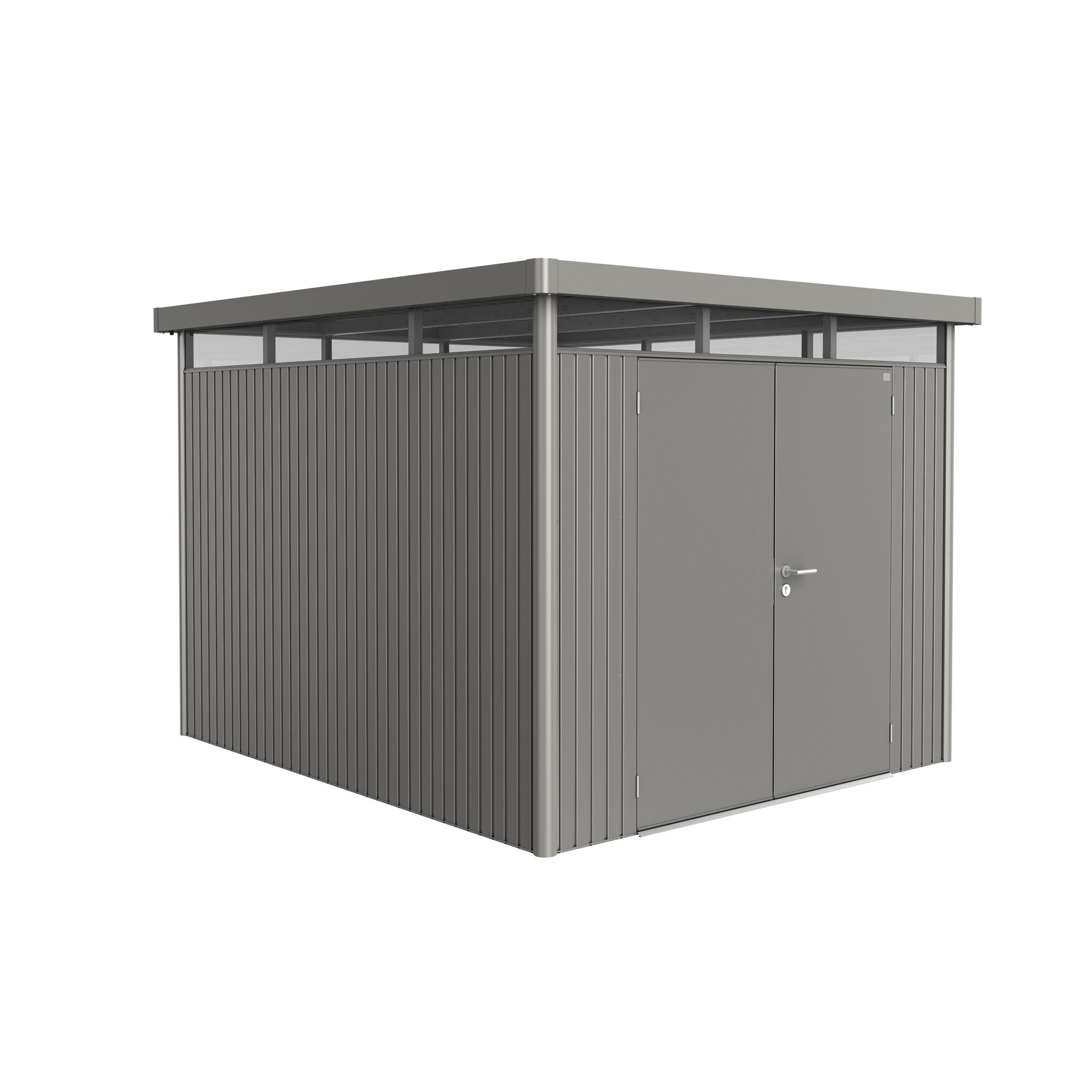 Gerätehaus Metall grau mit Doppeltür und Flachdach
