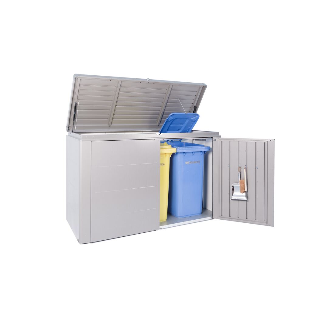 Mülltonnenbox Highboard, geöffnet, mit Mülleimern und Besen