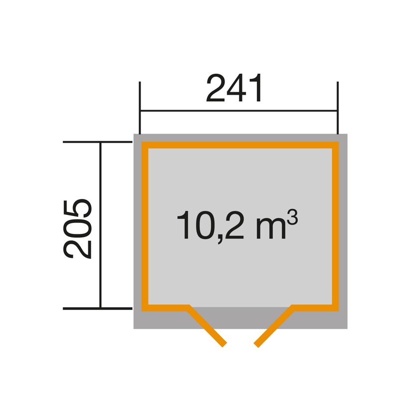 Abmessungen des WekaLine Gartenhauses: 241 x 205 cm, 10,2 m³