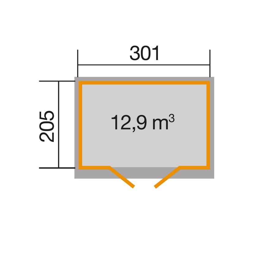 Abmessungen des Gartenhauses: 301 x 205 cm, 12,9 m³