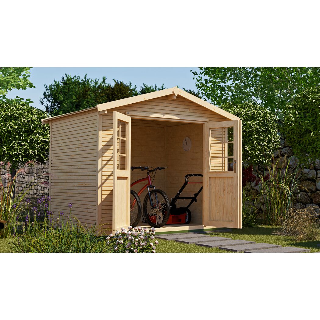 Gartenhaus mit Rasenmäher und Fahrrad