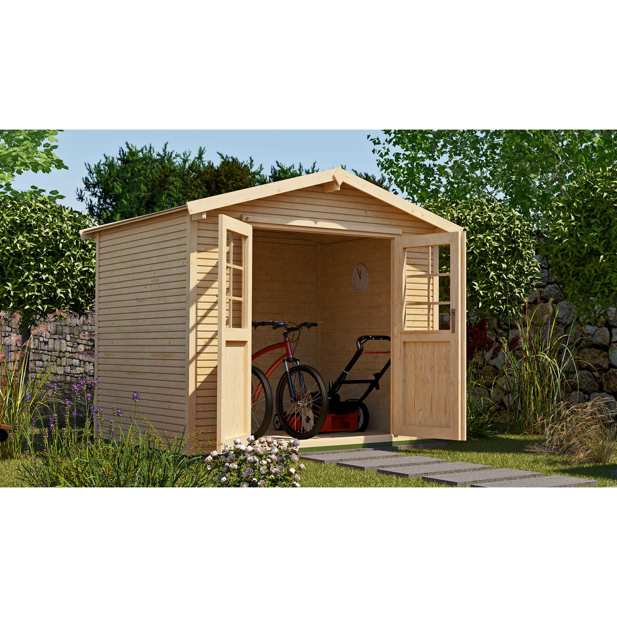 Gartenhaus mit Rasenmäher und Fahrrad