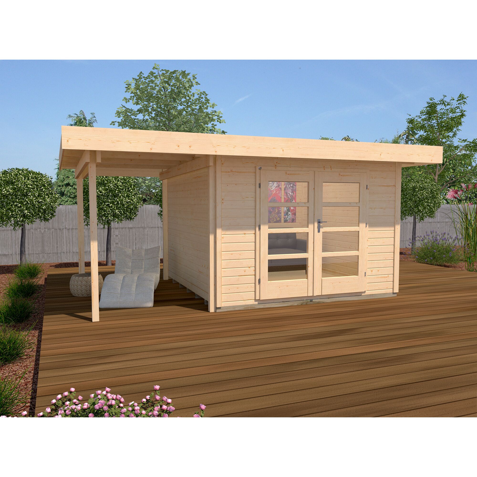 Gartenhaus mit überdachter Terrasse und Liegestuhl