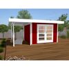 Kleines rotes Gartenhaus mit überdachter Terrasse