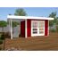 Kleines rotes Gartenhaus mit überdachter Terrasse