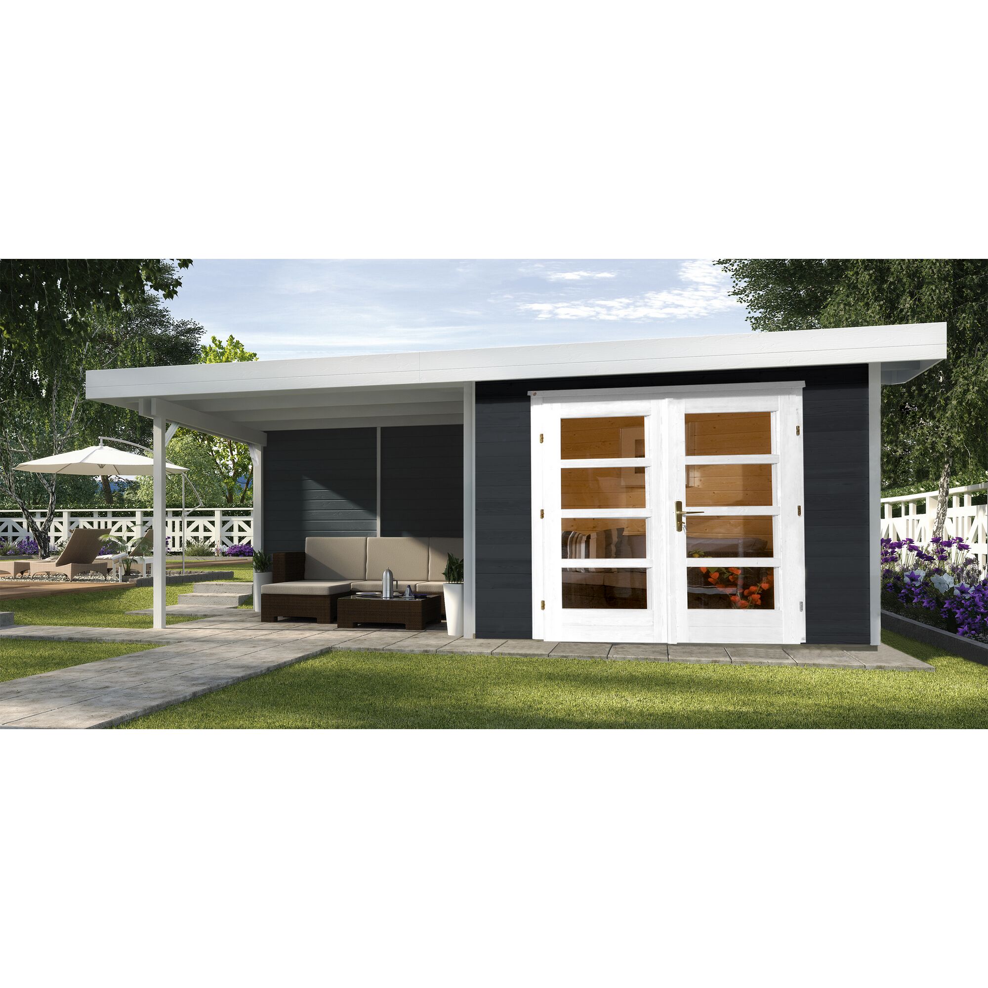Modernes Gartenhaus mit weißer Doppeltür und Terrasse.
