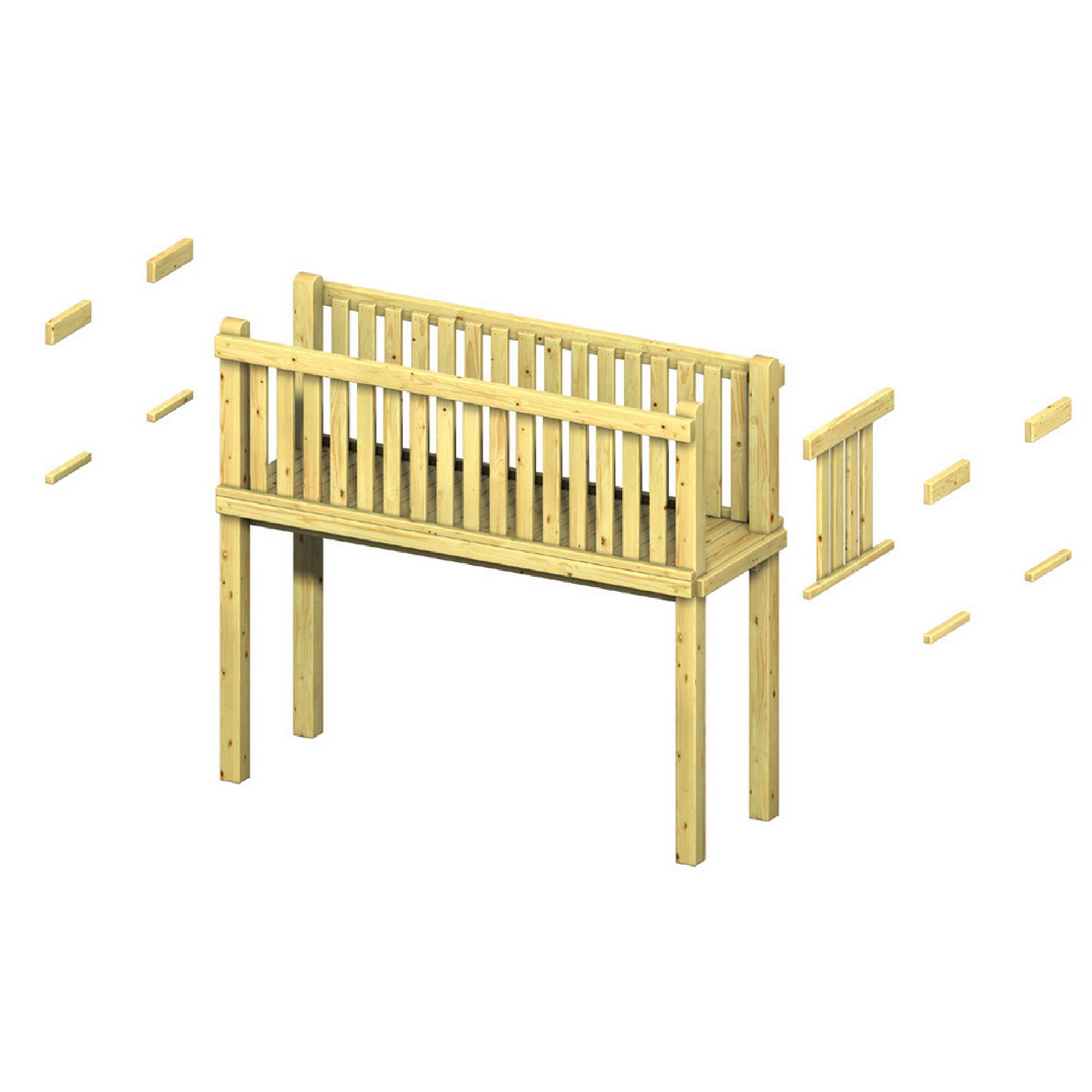 Holzbrücke mit Geländer und Einzelteilen