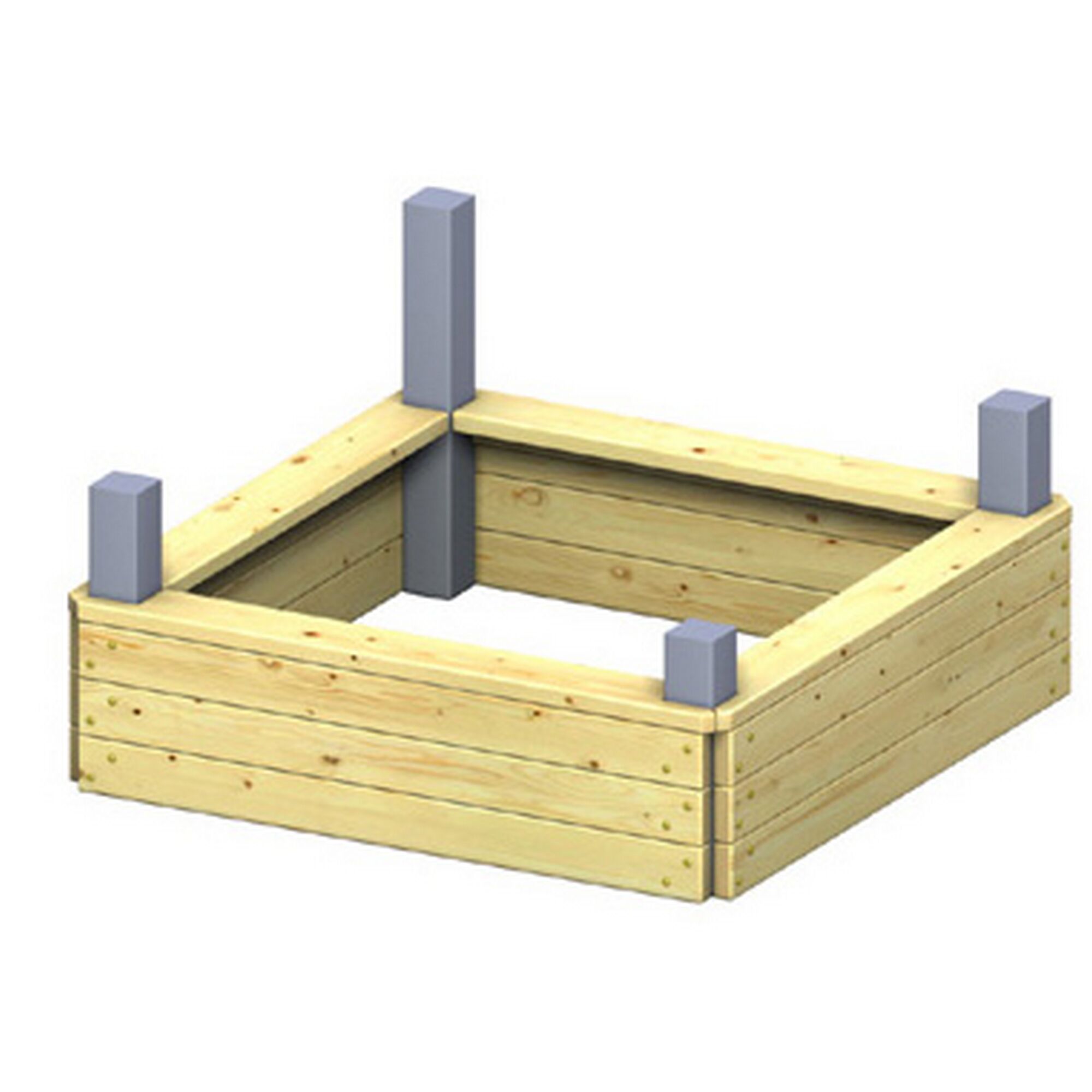 Quadratischer Holzsandkasten mit grauen Eckpfosten