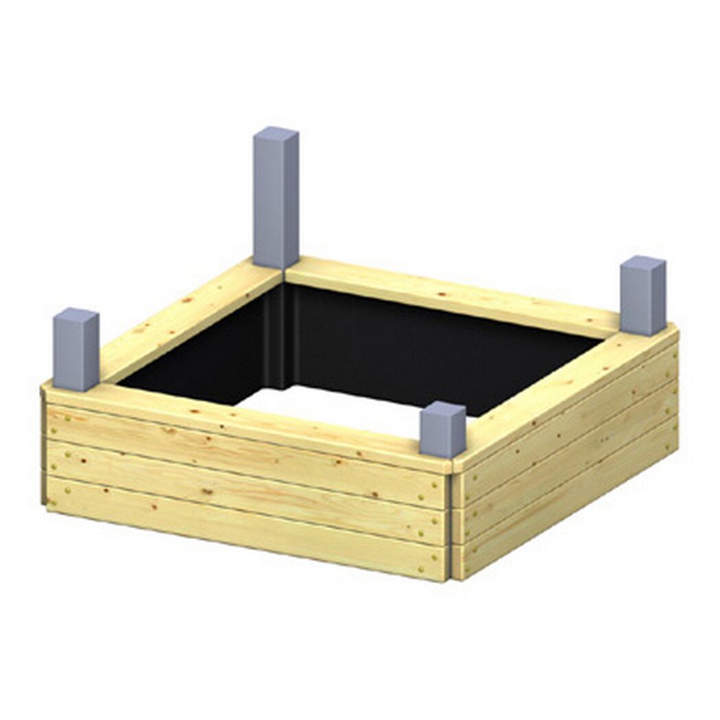 Quadratischer Sandkasten aus hellem Holz mit grauen Füßen