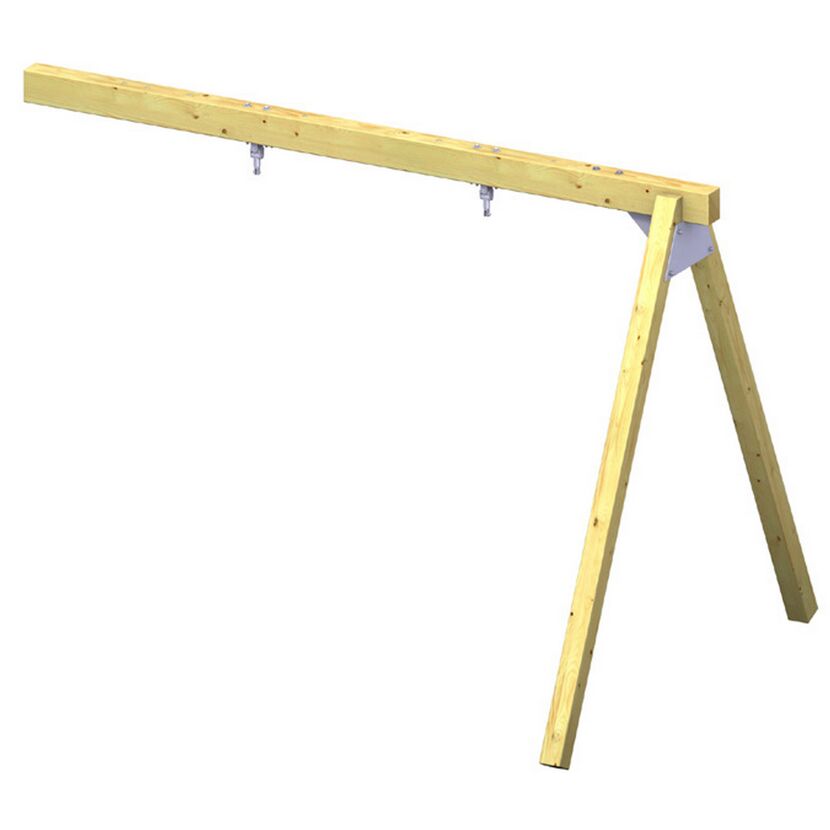 Holzbalken mit Aufhängevorrichtungen für eine Schaukel.