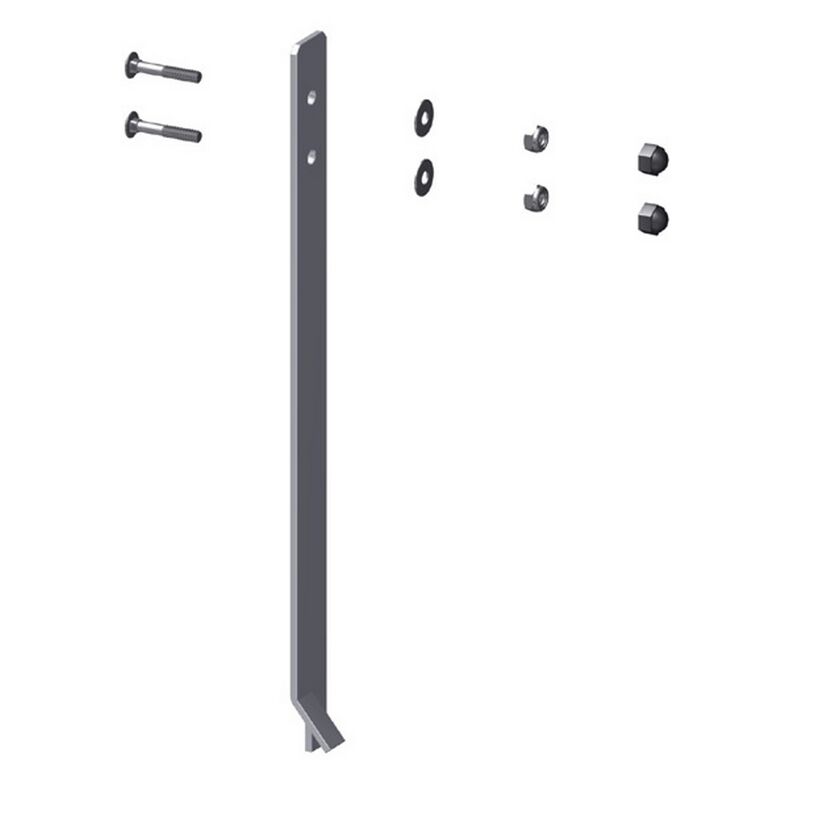 Metallischer Bodenanker mit Schrauben, Muttern und Unterlegscheiben.
