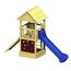 Spielturm aus Holz mit blauer Rutsche
