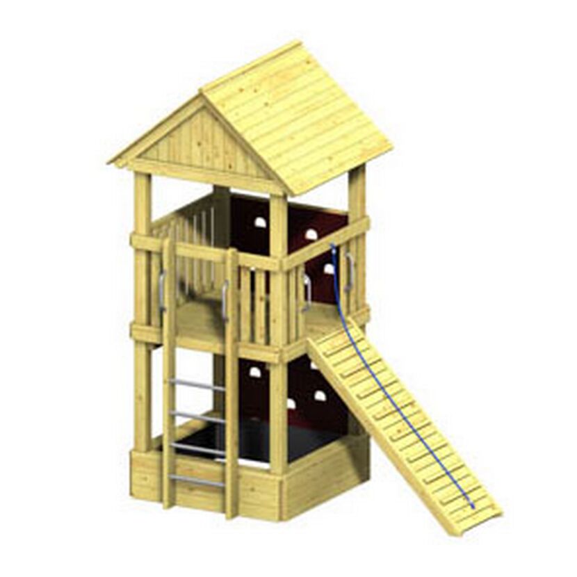 Spielturm aus Holz mit Rutsche