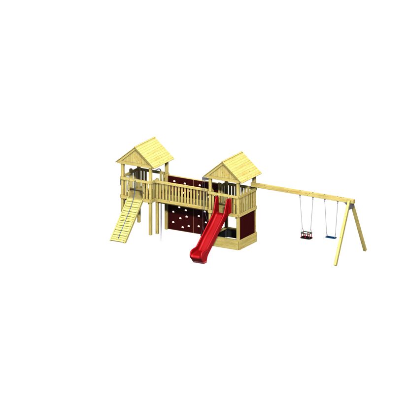 Spielplatz aus Holz mit zwei Türmen, Rutsche und Schaukel