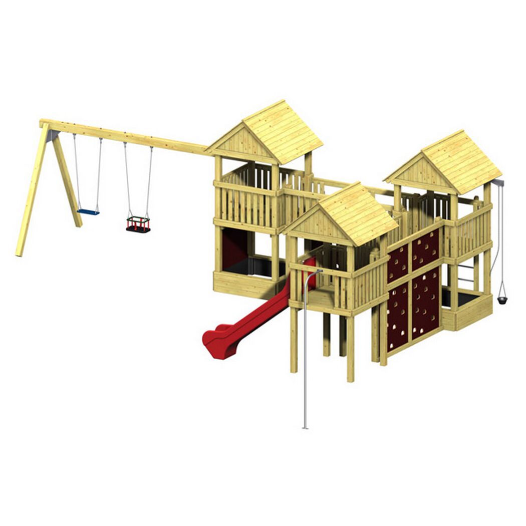 Spielturm aus Holz mit zwei Türmen, Schaukel, Rutsche und Kletterwand.