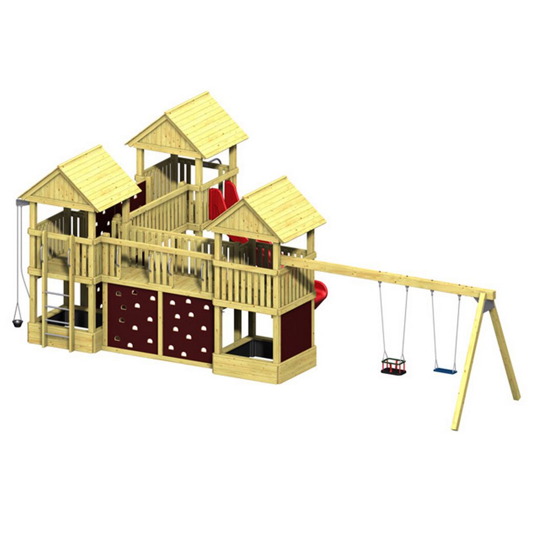 Spielturm aus Holz mit Rutsche und zwei Schaukeln