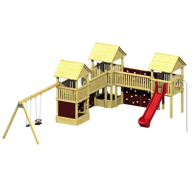 Spielplatz aus Holz mit Rutsche, Schaukel und Kletterwand