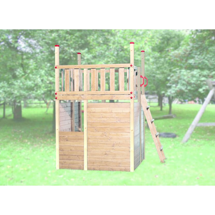Spielturm aus Holz mit Leiter und rotem Geländer