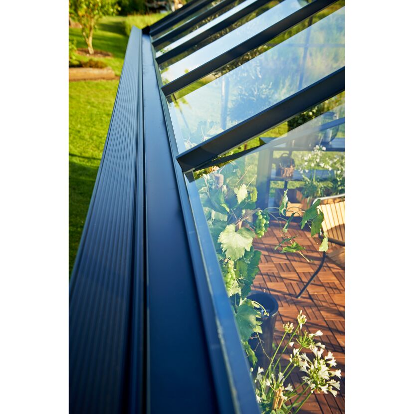Gewächshaus mit geöffneten Dachfenstern und Pflanzen im Inneren.