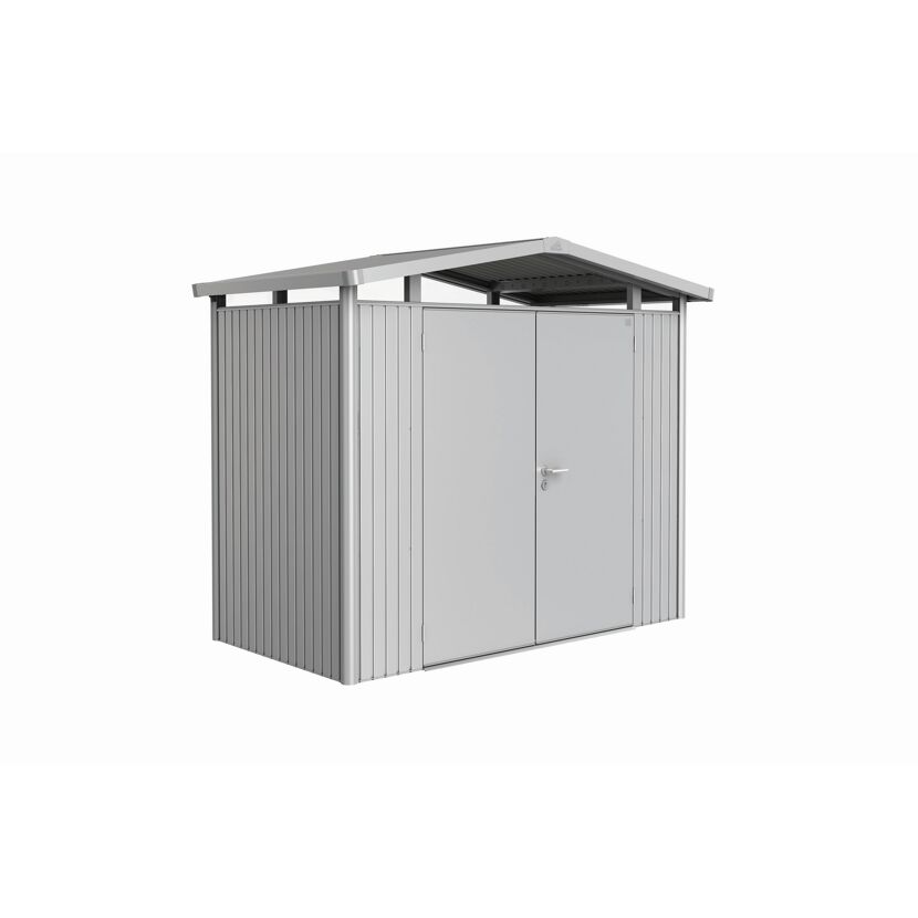 Geräteschrank aus Metall mit Doppeltür und Pultdach.