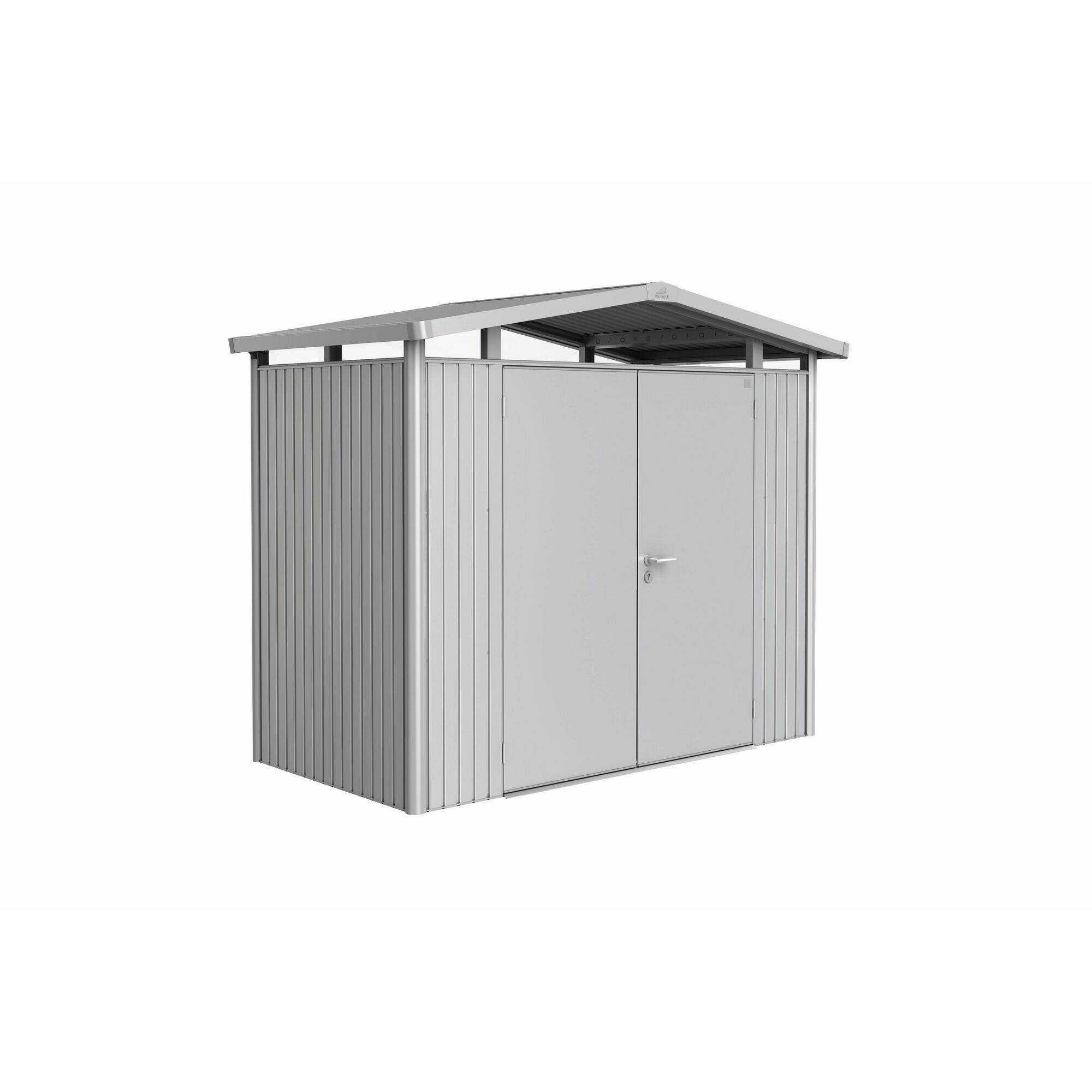 Geräteschrank aus Metall mit Doppeltür und Pultdach.