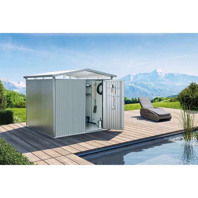 Gerätehaus 'Panorama' Gr. P4 silber-metallic 273 x 278 cm, mit Standardtür