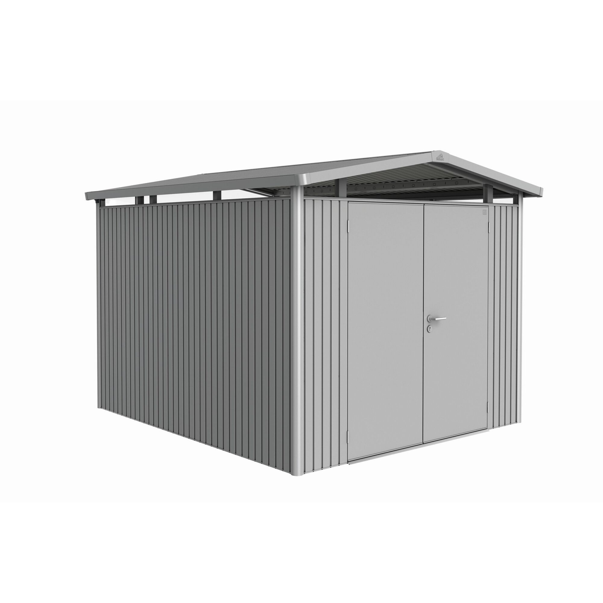 Gerätehaus aus Metall mit Doppeltür, silber