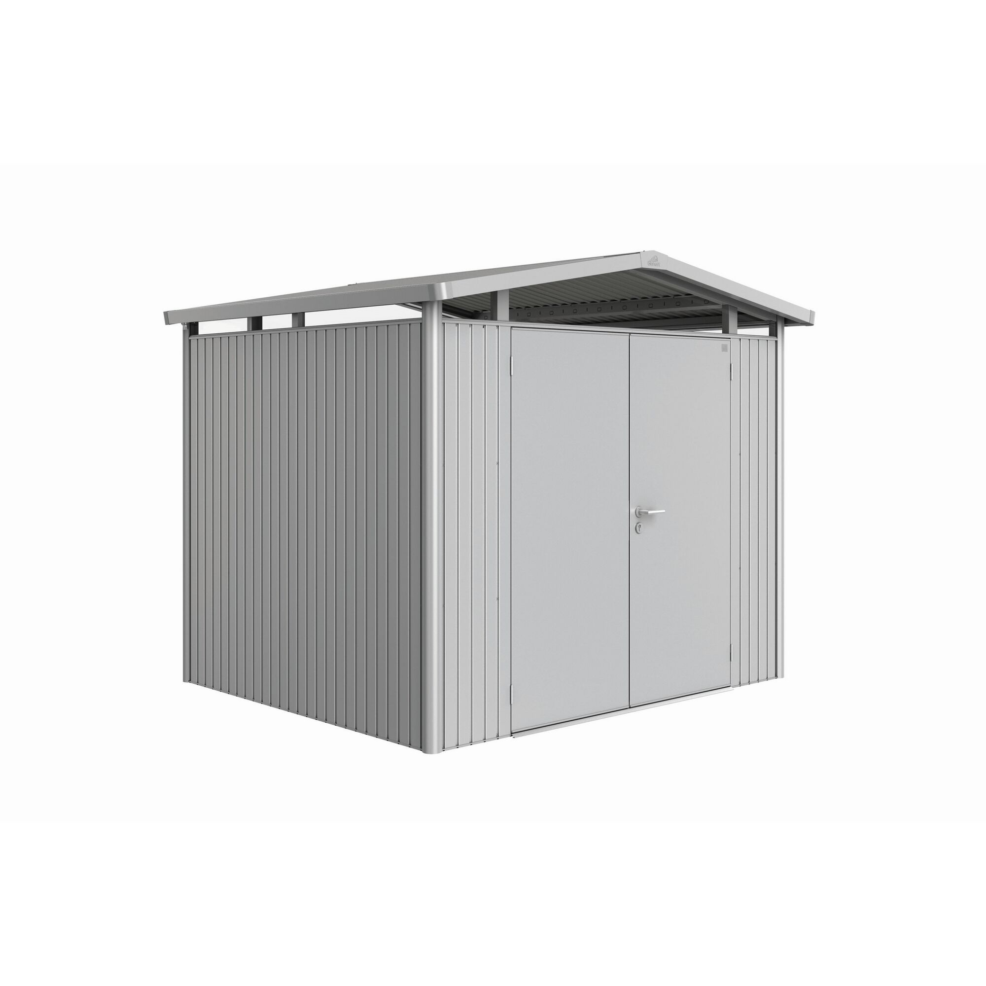 Gerätehaus aus Metall mit Doppeltür, silber