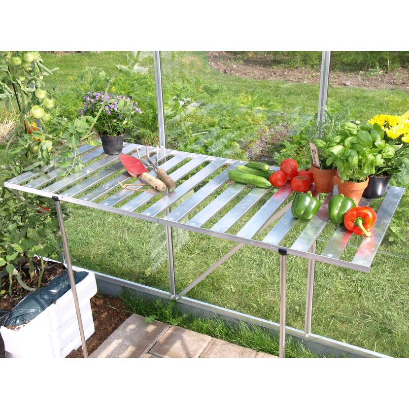 Abklappbarer Tisch im Gewächshaus mit Gemüse und Gartenwerkzeugen.