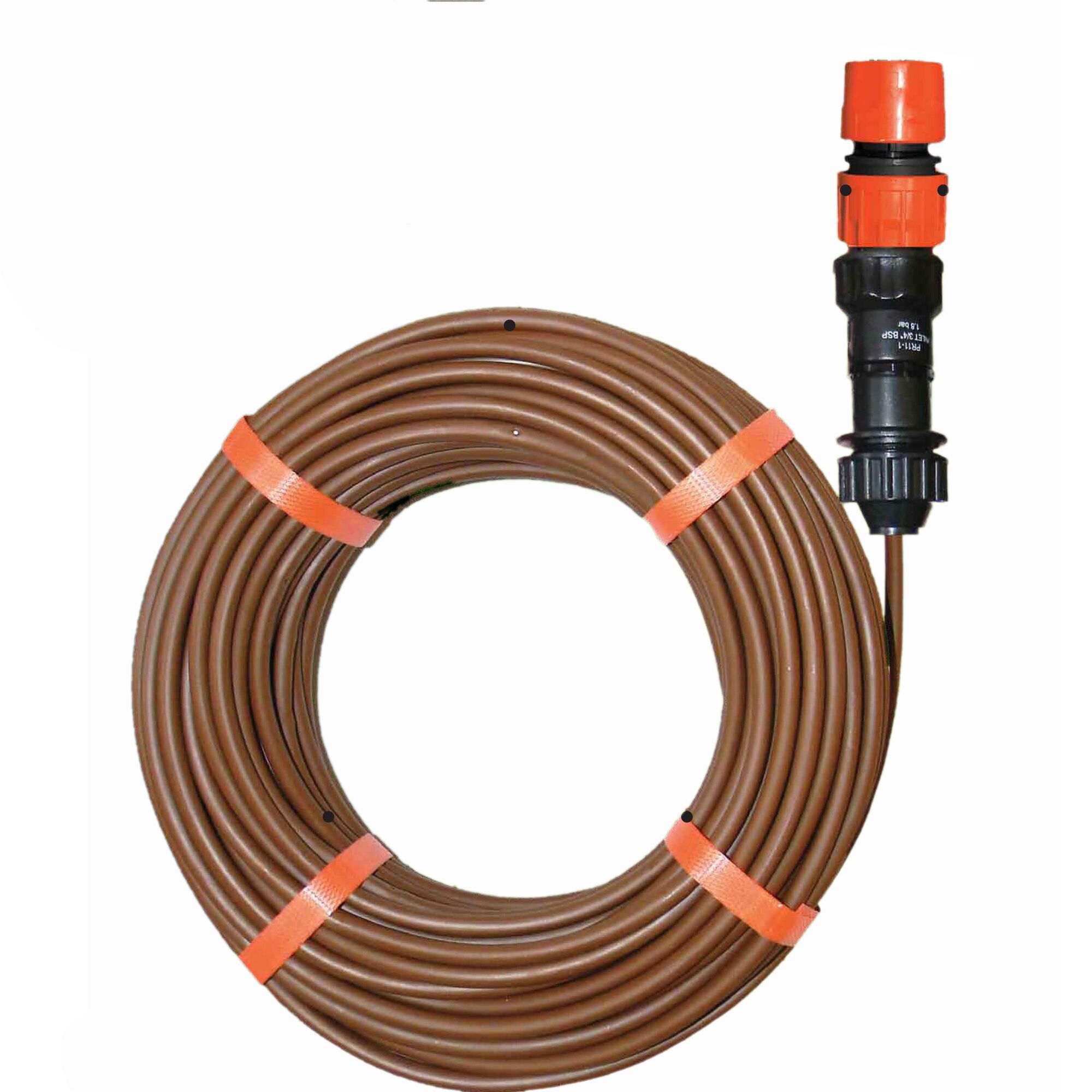 Brauner Tropfschlauch aufgerollt mit orangefarbenen Kabelbindern