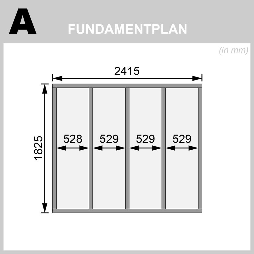 Fundamentplan mit Maßen in Millimetern