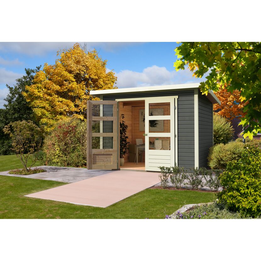 Gartenhaus Schönfeld 4 terragrau mit geöffneter Tür