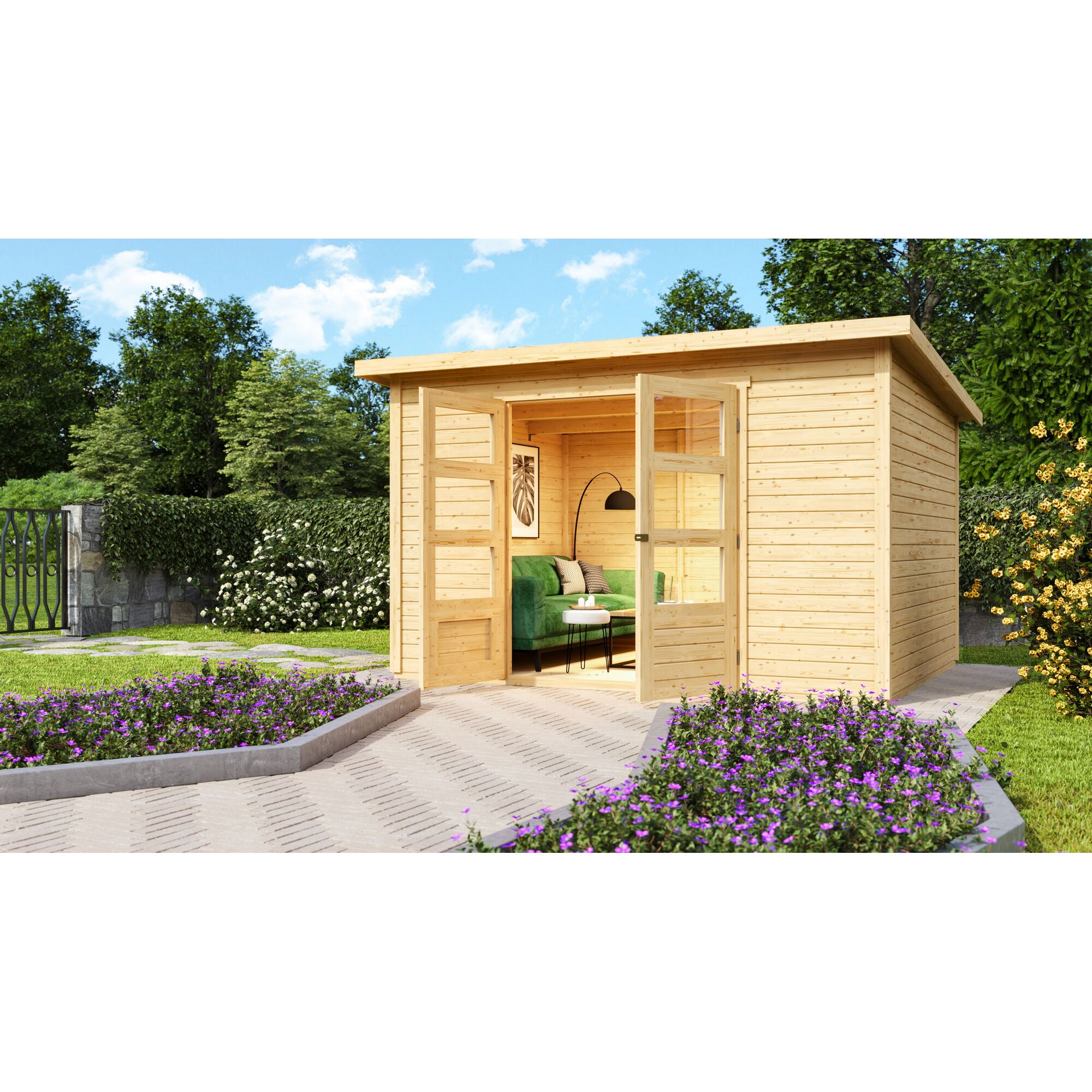 Gartenhaus Schönfeld mit geöffneter Doppeltür und Sitzecke