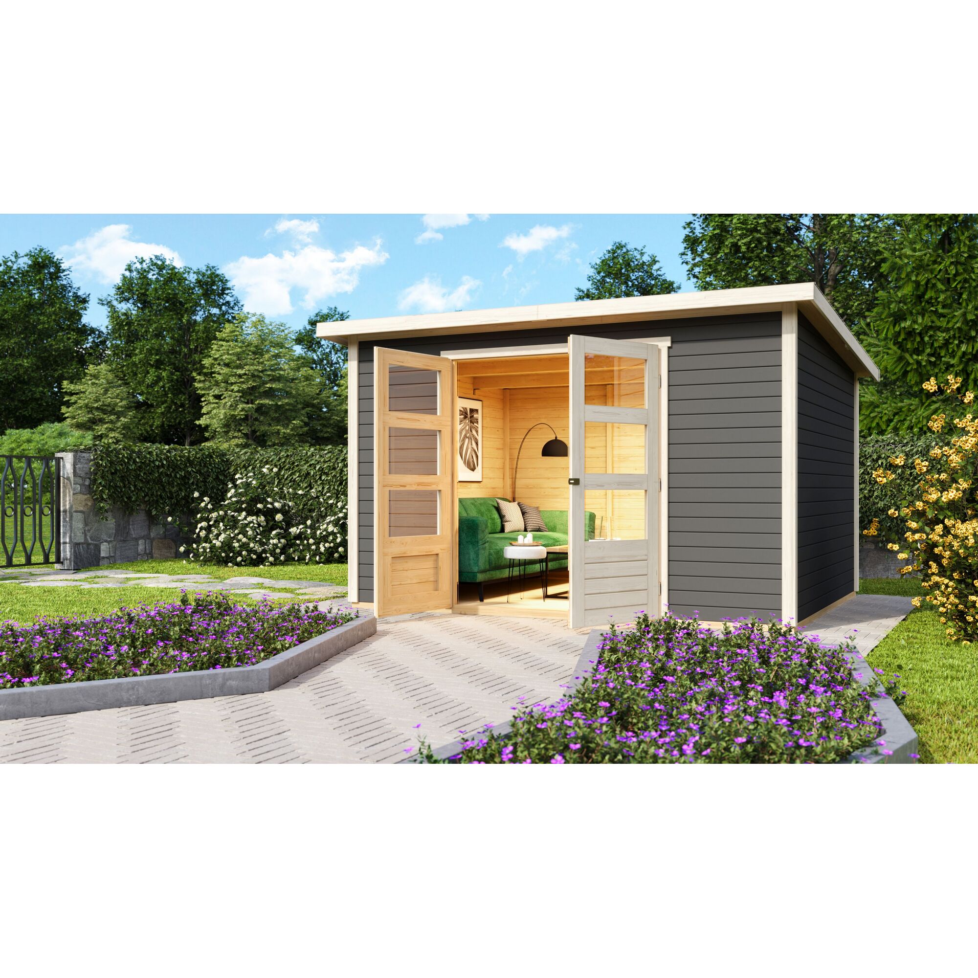 Gartenhaus Schönfeld 5 terragrau mit geöffneten Türen