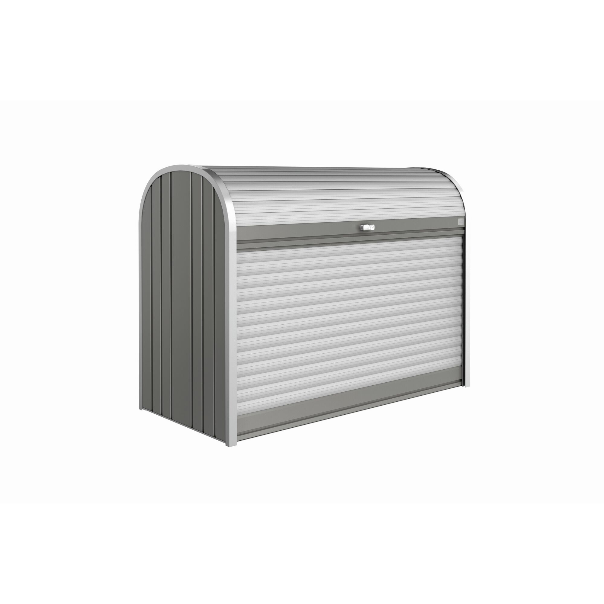 Grauer Metallschrank mit Rolltür.