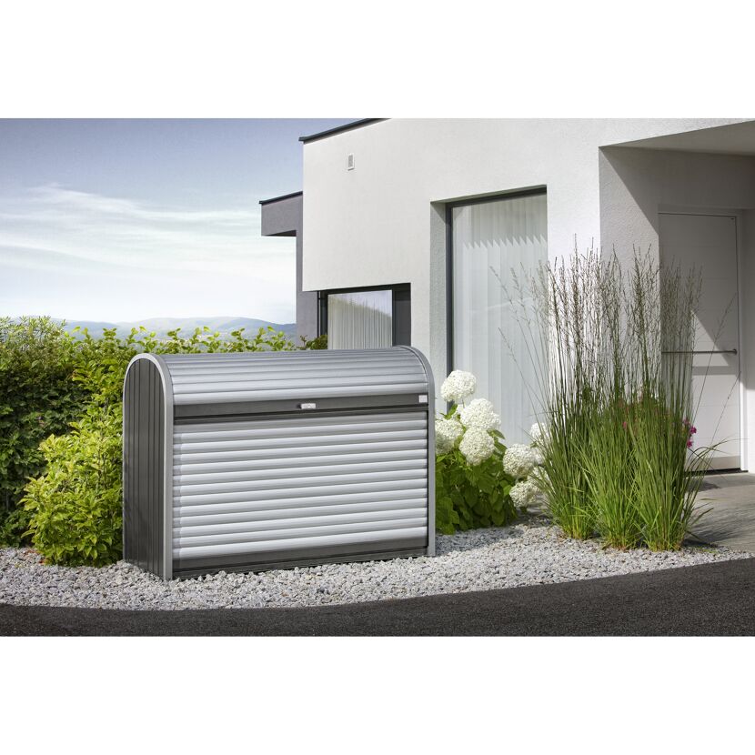 Graue Mülltonnenbox mit Rolltor