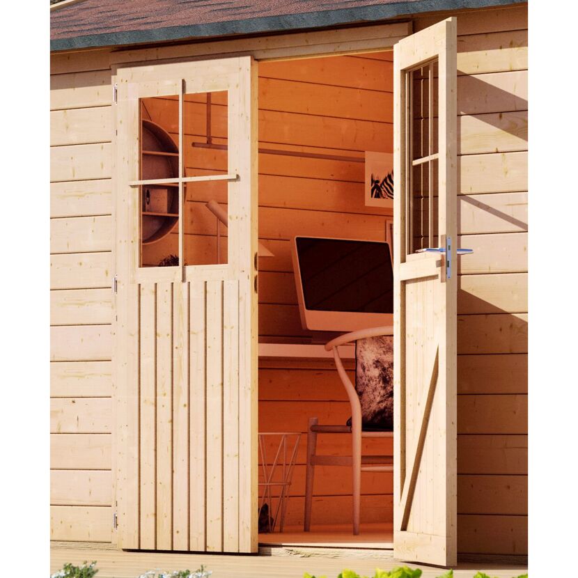 Gartenhaus Teerhof mit geöffneter Tür und eingerichtetem Innenraum.
