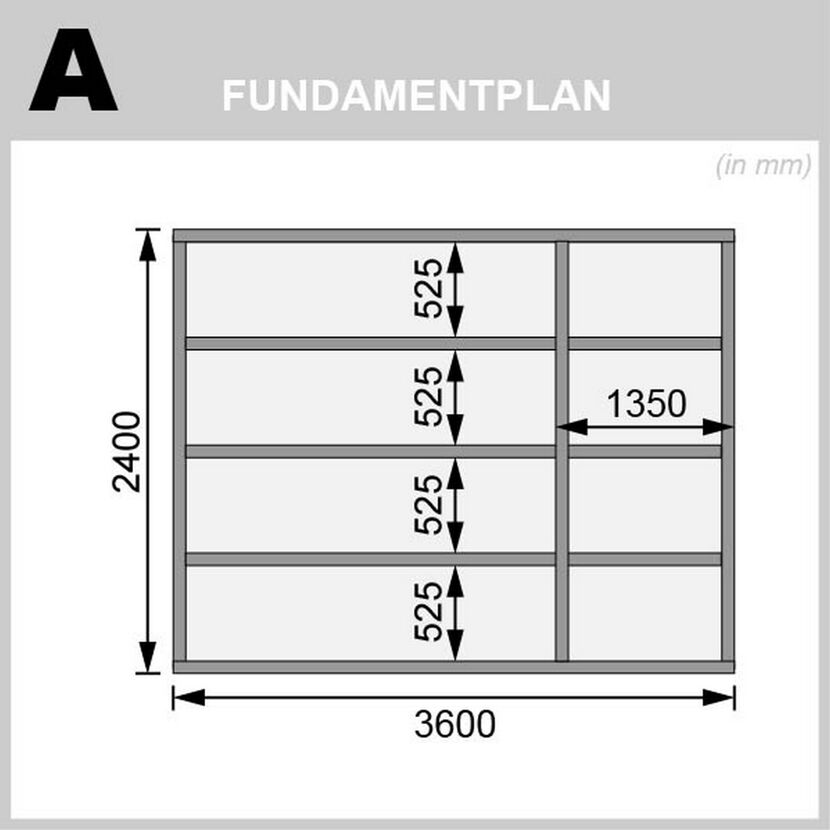 Fundamentplan mit Maßen in Millimetern.