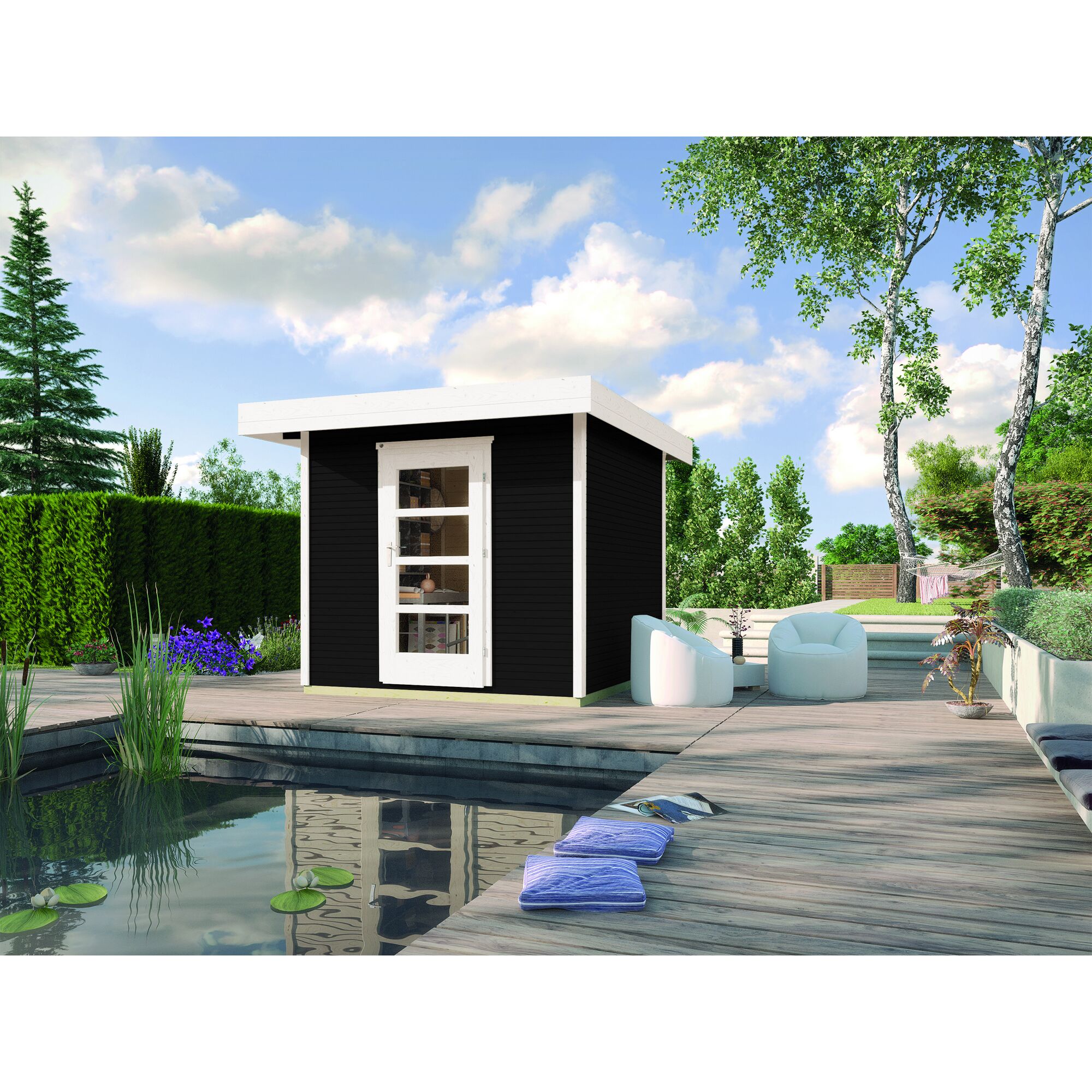 Schwarzes Gartenhaus wekaLine neben Pool