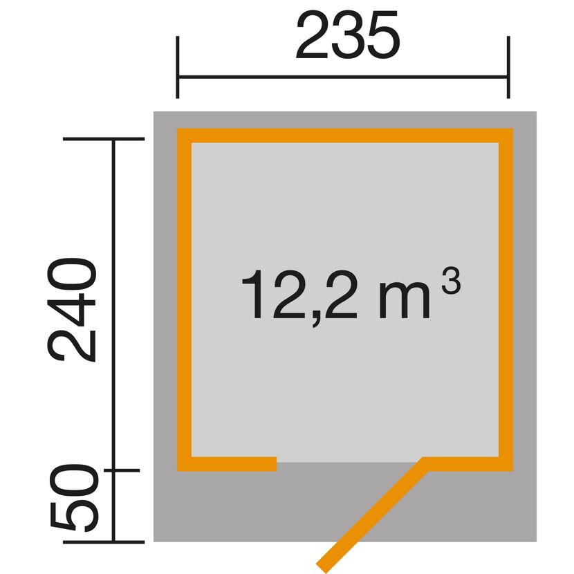 Abmessungen des Designhauses wekaLine Gr.2 anthra: 235 x 240 x 50 cm, 12,2 m³
