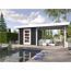 Gartenhaus wekaLine anthrazit mit Lounge-Möbeln am Teich